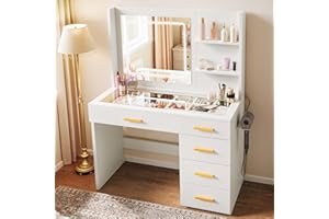 YITAHOME Dressing Table, Makeup Desk, Vanity Desk with Mirror and 5 Drawers, Makeup Vanity for Dressing Area/Bedroom, Dressing Table with LED Lights & Power Hub & Glass Tabletop, White, 100x40x140 cm