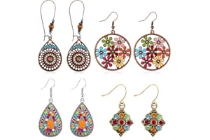 Greoer 4 Pairs Bohemian Earrings Vintage Dangle Drop Hook Earrings Set Retro Rhinestone Boho Earrings Pierced Earrings Gypsy Style Hollow Earrings for Women Girls Jewelry Accessories Set