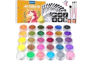 Kit Tatouage Paillettes- Bledras Enfant 30 Couleurs, 147 Pochoir, 4 Pinceaux- Tatouage Ephemere Imperméable, Coffret Cadeau Fille, Tatouage Temporaire pour Cosplay, Fête, Jaune
