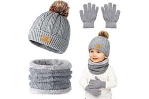 Winmany 3PCS Niños Invierno Gorros Guantes Bufanda Conjunto Niño Polar Cuello Calentador Gorro con Pom Conjunto de Mitones de Punto para Niña Niño