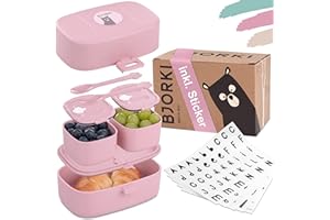 BJORKI® Caja Bento para niños, incluye adhesivo para nombre, fiambrera a prueba de fugas, con compartimentos, fiambrera sostenible infantil para jardín de infantes y escuela, lonchera para viajes