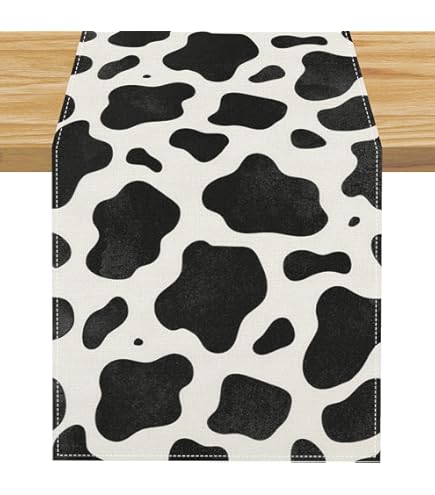 Lipfer Chemin De Table En Imprimé Vache - Nappe En Peau De Vache Noire Blanche - Nappe Imprimée Vache Pour Fêtes, Cuisine, Western, Basse-Cour, Cowboy, Anniversaire, Décoration De Table Pour Maison
