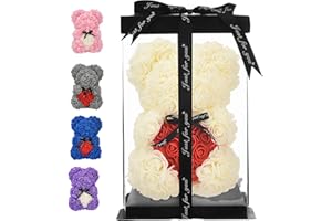 ROSEBEWU orso rosa - orsacchiotto rosa 10 pollici Hugz Teddy Flower Bear - Oltre 250 dozzine di fiori artificiali - regali unici, regali per le donne Scatola regalo trasparente (milk white)
