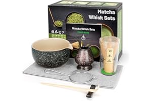 GUIGA Set di 7 Pezzi Matcha Kit,Set Accessori Cerimonia Tè Matcha,Portafrusta,L'Insieme Perfetto per Preparare Tè Matcha (Nero Maculato)
