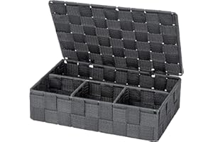 Wenko Cestino da bagno piccolo con coperchio Adria grigio scuro - Cestino da bagno con coperchio e 4 scomparti, Polipropilene, 26 x 7 x 17 cm, Grigio scuro