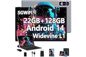 DEERTIME 2025 Newest Android 14 Tablet 10 Pulgadas, 22GB RAM+128GB ROM/TF 2TB ,GPS ,5G+2.4G WiFi,Octa-Core 2.0GHz,8000mAh | Cuerpo Metálico | Widevine L1 | GMS Tablet 2 en 1 con Teclado, Funda y Ratón - Gris