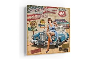 DEQORI Schlüsselkasten weiß | 30x30 cm | Motiv Route 66-Plakat | Glas & Metall Schlüssel-Box | Schlüsselschrank mit 50 Haken + 2 Magnete | Moderne Design Box magnetisch & beschreibbar