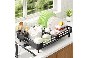 SAYZH Scolapiatti, Scolapiatti da Appoggio, Scolapiatti Salvaspazio Espandibile Di Grande Capacità in Acciaio Inossidabile con Porta Utensili Porta Tazze per Bancone Della Cucina (Nero)