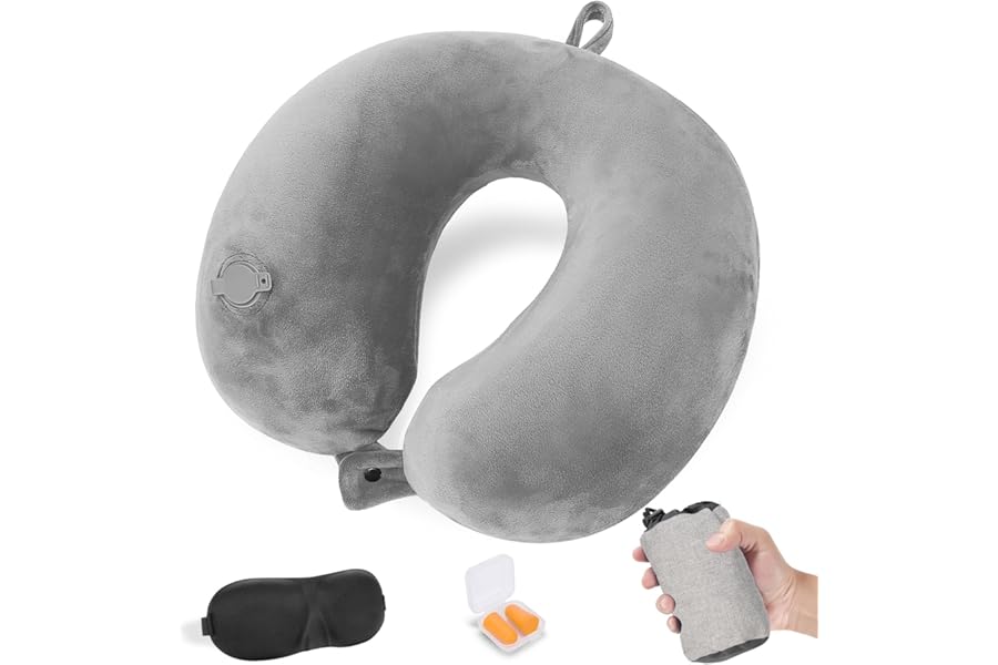 Cirorld Inflatable Travel Pillow, Blow up Neck Pillow for Travel, Lightweight Inflatable Travel Pillow for Airplane with Eye Mask and Earplugs—Travel Essentials for Flying, Grey