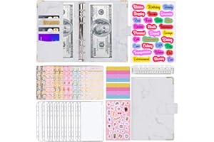 Budget Binder A6, AOTUAO 30pcs Leather Notebook Budget Binder with Cash Envelopes for Budgeting, Budget Binder with Zipper Envelopes, Money Organizer for Cash,Budget Sheets/Label Stickers-White Marble