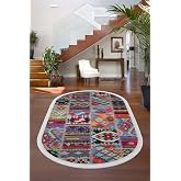 Dijidekor Halı &Ccedil;ok Renkli 9010 Yıkanabilir Sa&ccedil;aklı Oval Kesme Ince Yolluk Kilim Salon Halısı Modeli, Multi 60x100