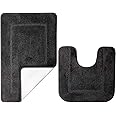 SOANNY Black Bath Mat Set of 2, High Density Soft Microfiber Non-Slip Bathroom Mats with Water Absorbent, 53x86 cm Bathtub Rug & 50x50 cm Toilet Pedestal Carpet, Shower Rugs Machine Washable