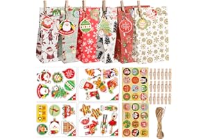 Jinlaili 24 szt. Torby na prezenty świąteczne z naklejkami, papierowe torby na imprezy, świąteczne torby papierowe, torba papierowa Kraft, świąteczne torby na cukierki na imprezy, Boże Narodzenie