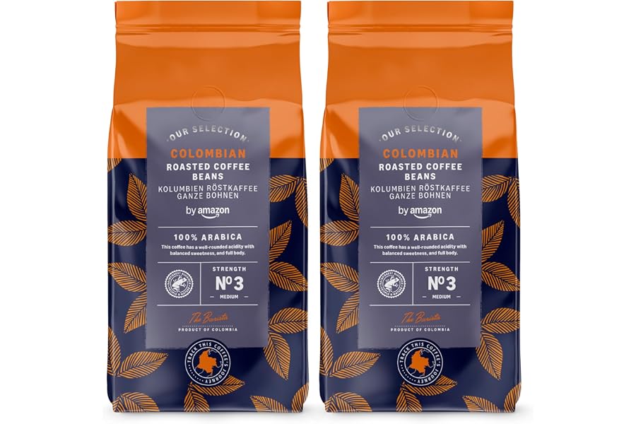 By Amazon Café Colombiano en Grano, 100% Arábica, Tueste Medio, 1Kg (2 paquetes de 500g), Certificado Rainforest Alliance