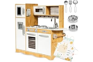 Mamabrum Cocina de Juguete para Niños de Madera Natural con Luces LED - Set Completo con Accesorios Cocina Juguetes, Horno, Microondas y Fregadero - 82x60x30cm