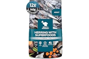 Billy + Margot Herring Wet Dog Food Pouches. Multipack 12 x 140g, Premium Herring + Superfoods. Grain Free Dog Food, Omega 3 Single Protein Adult Dog Food