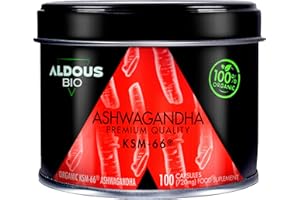 ALDOUS BIO Bio Ashwagandha Kapseln KSM-66 ® 600mg 100% Rein | 100 Kapseln | Maximale Tagesdosis ohne Zusatzstoffe für 100 Tage | Stimmungsaufheller | Vegan | Plastikfrei | Zertifizierte Bio Qualität