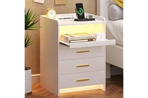 FREDEES White Bedside Table with Charging Station and Led Lights, Bedside Cabinet with 3 Drawers, Modern Nightstand with Storage for Bedroom, Living Room