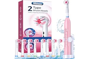 TEETHEORY Pink Electric Toothbrush for Adults - Rotating Travel Toothbrush with 8 Brush Heads (2 Types), 5 Cleaning Modes, 2.5H Fast Charge, Type-C, IPX7 Waterproof