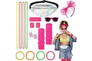 BuYupop 90er Jahre Accessoires,80er Jahre Kleidung Outfit Damen Silberne Bauchtasche Vierfarbige Halskette Armband Rosa Beinwärmer Neon-Stirnband die Brille Neon Kostüm Partys