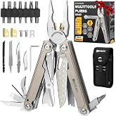 BIBURY Titanium and Damascus Steel Multi-Tool &ndash; Multipurpose Pliers with Knife Survival, Scissors, Interchangeable Saw and Ti