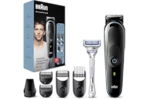 ‎BRAUN Braun Multi-Grooming-Kit 3, 7-in-1 Barttrimmer, Haarschneider, Haarentfernung Herren, Trimmer/Haarschneidemaschine, 5 Aufsätze, Vatertagsgeschenk, MGK3342, schwarz/blau