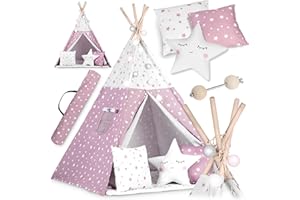 NUKIDO Tipi pour Enfant de Style Montessori en Coton et Cadre en Bois avec Tapis Isolant, 3 oreillers, Guirlande aérée, 120 x 120 x 165 cm, Rose avec étoiles