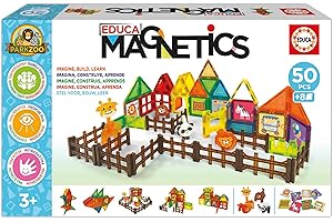 Educa - Magnetics Parck Zoo | Juego Educativo de construcción 3D magnético con 50 Piezas para niños. Incluye 4 Animales y 8 Tarjetas. Construye Figuras geométricas. A Partir de 3 años (20270)