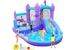 GYMMALL Inflatable Bounce House for Kids 3-8, Purple Dream House Bouncy Castle with Water Slide and 480W Air Blower, Large Bouncy House with Jumping Space, Ball Pit, Swim Pool, Ring Toss, Basketballs