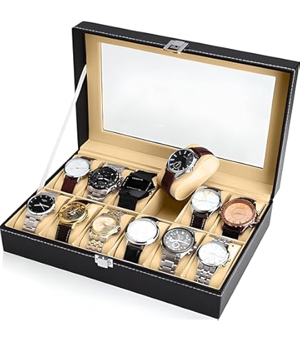 Retoo Uhrenbox 10 Fächer Schwarz - Samtfutter Mit Glasabdeckung