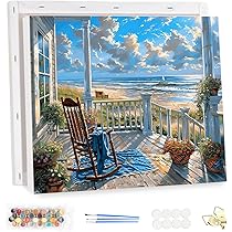 MEIYUDA Dipingere con i Numeri Adulti con Telaio Vista Mare Fiori, Kit di Pittura a Olio su Tela Fai-da-Te con Pennelli Pittura a Pigmento Acrilico Disegno, Decora la Casa Regalo 30x40cm