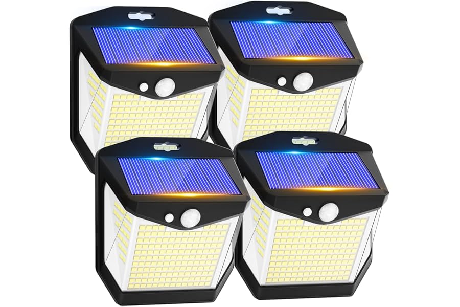 Solar Security Lights Outdoor Garden - 248 LED Solar Powered Outside Light 3 Modes Motion Sensor and 270°Wide Angle IP65 Waterproof Solar Power Wall Lighting For Fence Flood Door Garage Yard 4 Pack