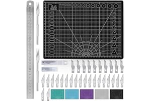 Miuzei Set di tappetini da taglio, formato A4, con righello in acciaio e 30 coltelli da artigianato, autorigenerante, tappetino da disegno (nero)