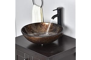 YU YUSING Countertop Bathroom Sink Basin Round Hand Washbowl Tempered Glass with Tap Waste Set, Cloakroom Kitchen Toilet, Brown