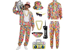 90er 80er Jahre Outfit Herren, 80er Trainingsanzug Jacke Hose Anzug mit Goldkette Sonnenbrille, Karneval Kostüm Hip Hop Sportbekleidung