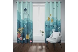 MUZHILI Printed Curtains Eyelet Blackout Room Sharks Underwater World Ocean Animal Fish Pattern Light Blocking Window Drapes for Kids Bedroom Living Room Curtain 2 Panels (W168cm (66") x D137cm (54"))