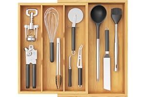 Lifewit Organizador Utensilios Extensible, de 3 a 4 Compartimentos, Bandeja Cubiertos de Bambú, Separadores Ajustable de Cajones Cocina Armario, para Cuchillos/Herramientas/Cucharas/Tenedores, Natural