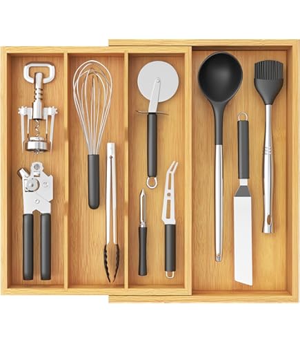 Lifewit Bamboe Bestekbak voor Lades, Besteklade Organizer, Lade Organizer Verstelbaar 30.5-53 cm Breedte, Diepte 43 cm, Cutlery Tray Voor Lepels, Vorken, Messen