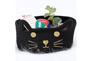 Zopeal Cat Basket Storage Woven Basket Organizer with Ears Decorative Pet Toy Cute Basket Cotton Rope Basket for Gift Cat Dog Toy Bin Nursery Room Kid (Black,8.3 x 4.7 Inch)
