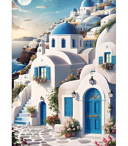 DPHERO DIY Diamant Painting Santorin – 5D Blumen & Ägäisches Meer Motiv, 30x40 Cm Set Für Erwachsene