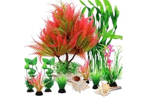 QUOZUO 12 Stück Aquarium Zubehoer Plastikpflanzen Deko mit Natural Seashells, Aquarium Dekoration künstliche Pflanzen, Aquariumdekor Aquariumpflanzen