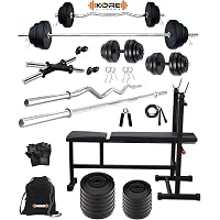 Kore PVC 30 Kg Home Gym Set with One 3 Ft Curl + One 5 Ft Plain Rod and One Pair Dumbbell Rods Comes with 3 in 1 Bench and Gym Accessories