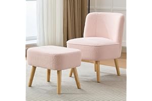 ModernLuxe Loungesessel mit Hocker, Teddy-Samt Sessel ohne Armlehnen, ergonomischer Polstersessel mit Massivholzbeinen, bequemer Relaxsessel für Wohnzimmer, Schlafzimmer & Wohnung Rosa