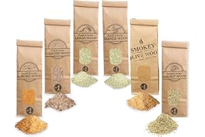 Smokey Olive Wood 6 x 300 mL Olive Wood Sawdust + Beech, Almond, Oak, Lemon Tree, Orange and Walnut Size No. 1: 0-1 mm, AHLNVW1-06-0.3L