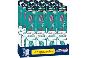 Aquafresh Junior, Brosse à dents pour enfants 6-12 ans, dents de lait et permanentes, poils doux, nettoyage efficace, cou flexible, lot de 12