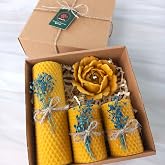 Petekoğlu Balmumu Mum Dekoratif Hediye Kutusu 4 L&uuml; Set Doğal Petek Beeswax Candle A&ccedil;mış G&uuml;l (Mavi s&uuml;slemeli a&ccedil;mış g&uuml;l)