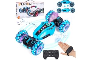 Highttoy Coche Teledirigido Niños,Coche Acrobacia Teledirigido 4WD Rotación Volteo de 360° Coche Drift Control Gestual con Spray, Música y Luces Juguetes Niños 6 7 8 9 10 Años Regalo Niño, Azul