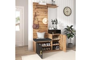 Moimhear Perchero de Pared, Conjunto de Armario con 4 percheros, Espejo, Zapatero, Armario de Pared (Color Madera+Negro(105x40x191.5cm))