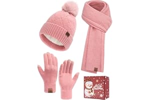 Voqeen Damski szalik czapka zestaw rękawiczek zimowych, ciepły, miękki szal z dzianiny, długi, gruby polar, czapka beanie, czapka z pomponem, ekran dotykowy, zestaw upominkowy dla kobiet 3 w 1