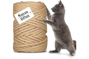 CIOXSOIO Cuerda de Yute 8mm x 60m, Cuerda Rascador para Gatos Cañamo Sisal Natural, para Embalaje, Decoración, Regalos, DIY Manualidades, para Reparación y Reemplazo